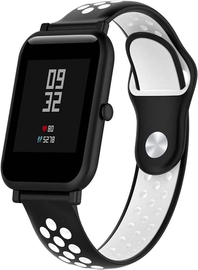 حزام/سوار سيليكون مقاس 20 مم لـ Amazfit GTS 3، BIP U، BIP U PRO، BIP، BIP S، BIP LITE، POP PRO، GTR 42MM، GTS، GTS 2E، GTS 2MINI (أسود مع ثقب أبيض)