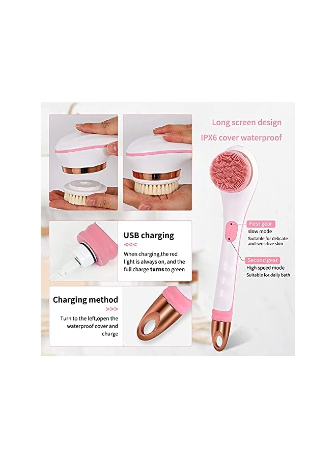 KASTWAVE Electric Shower Brush Rechargeable Rotating Long Handle Back Scrubber Suitable For Body Cleansing Exfoliation Waterproof And Nonslip With 4 Types Of Brush Heads Pink - Image 3