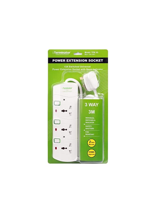Terminator Terminator 3 way Universal Power Extension Socket, 3M 3X1.25MM2, White color body & cable with individual switch 13a Fused plug.  - Image 2