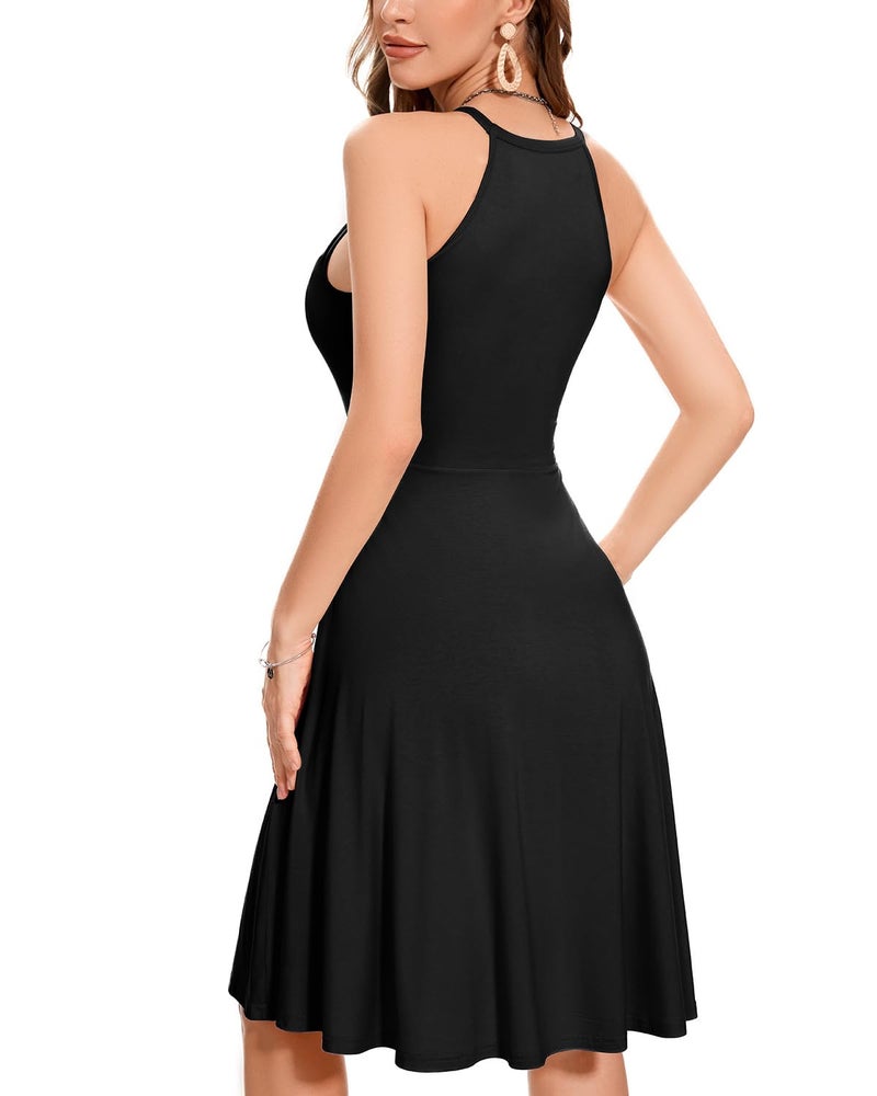 ANYFITTING Built in Bra Halter Dresses for Women 2026 Summer Casual A-line Pockets Dress Flowy Midi Sundresses Beach Vacation Outfits (Solid Black,Medium) - Image 2