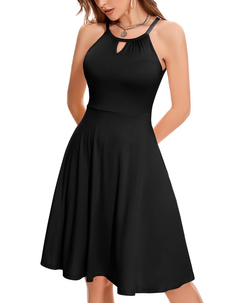 ANYFITTING Built in Bra Halter Dresses for Women 2026 Summer Casual A-line Pockets Dress Flowy Midi Sundresses Beach Vacation Outfits (Solid Black,Medium) - Image 4