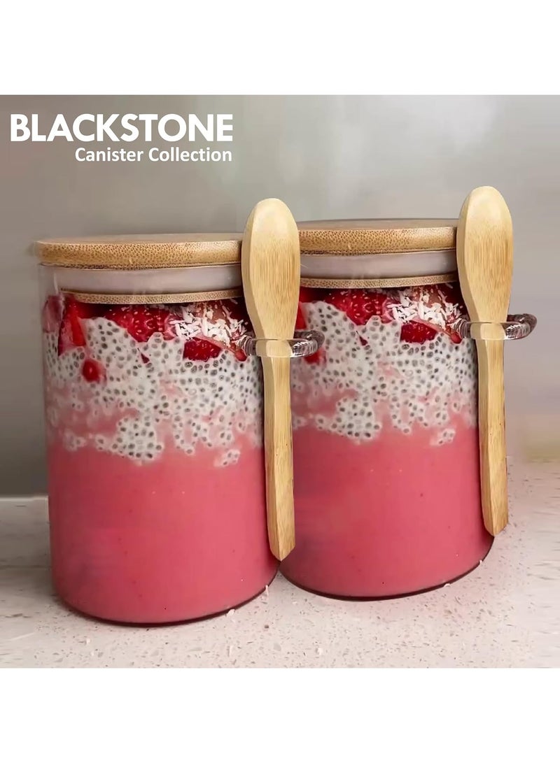 BLACKSTONE وعاء تخزين زجاجي شفاف سعة 400 مل مع غطاء خشبي وملاعق خشبية مجموعة من 2 لتنظيم المطبخ والخزانة، برطمانات طعام محكمة الإغلاق لحبوب القهوة والشوفان الليلي - Image 2