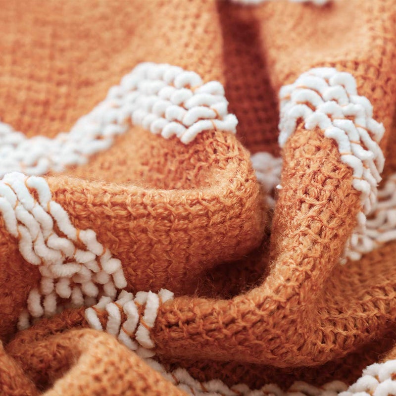 BOURINA Fluffy Chenille Knitted Fringe Throw Blanket Lightweight Soft Cozy for Bed Sofa Chair Throw Blankets, Orange 50" x 60" - Image 5