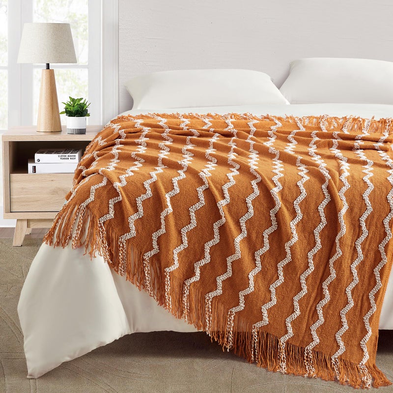 BOURINA Fluffy Chenille Knitted Fringe Throw Blanket Lightweight Soft Cozy for Bed Sofa Chair Throw Blankets, Orange 50" x 60" - Image 2