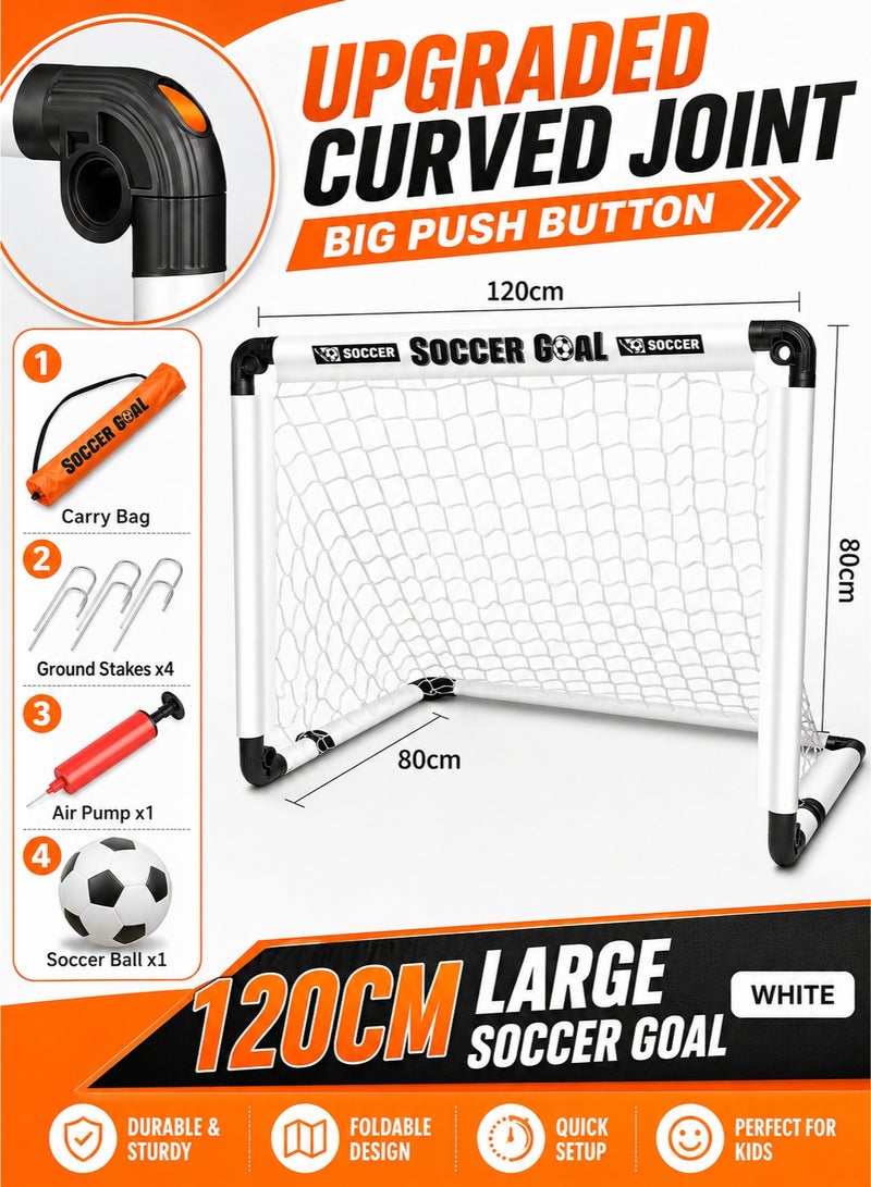 120cm Portable Soccer Goal Set for Kids, Foldable Football Goal Net with Upgraded Curved Joints, Carry Bag, 4 Ground Stakes, Air Pump and Soccer Ball, Quick Setup Backyard Training Goal for Indoor Outdoor Play