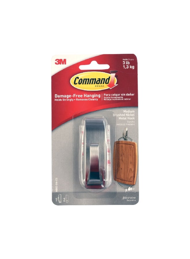 Command Multi-Purpose Durable Adhesive Hook with 2 Strips Brushed Nickel Medium FC12-BN-ES  - Image 1