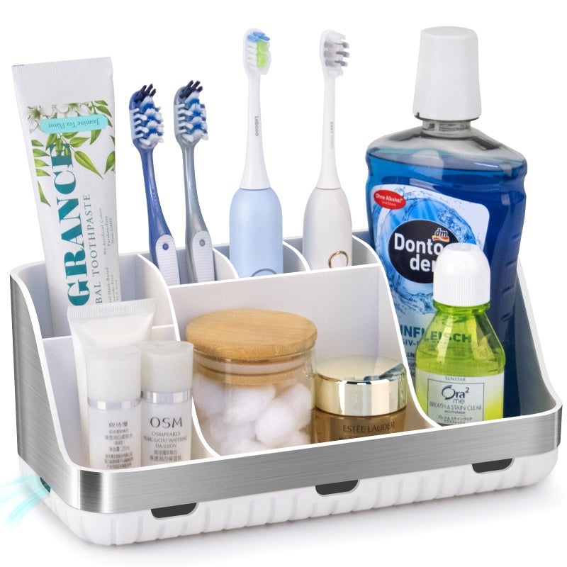 GFWARE Toothbrush Holders for Bathrooms Countertop Organizer - Kids Electric Toothbrush and Toothpaste Holder Detachable 7 Slots Tooth Brush Organization Bathroom Accessories Storage Vanity, Silver - Image 1