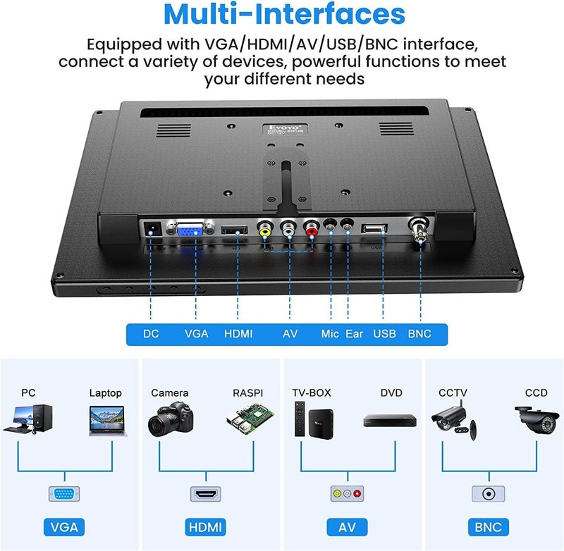 EYOYO شاشة إييو 12 بوصة TFT LCD مع مدخلات AV HDMI BNC VGA 1366x768 شاشة ملونة محمولة صغيرة بدقة HD مع مكبر صوت مدمج - Image 4