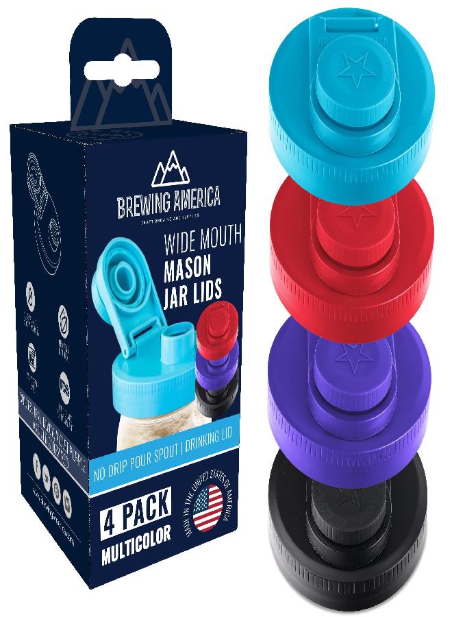 Brewing America Mason Jar Lids Wide Mouth Plastic 4 pack-USA Made-Flip Cap Screw Top Pour Spout Drink Hole - Leak-proof for Kerr and Ball Canning Jars - Airtight for Drinks to Go and Controlled Pouring - Multi-Color - Image 1