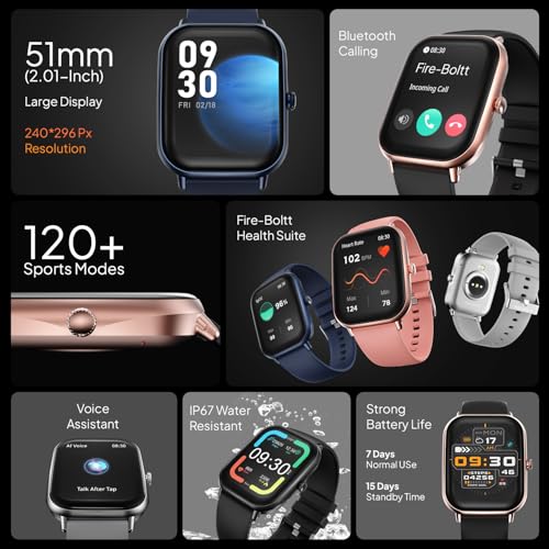 Fire-Boltt Ninja Call Pro Max Bluetooth Calling Smart Watch, 2.01" HD Display, 120+ Sports Modes, Health Suite, AI Voice Assistance, SpO2 & Heart Rate Monitor Smartwatch for Men & Women - Blue - Image 3