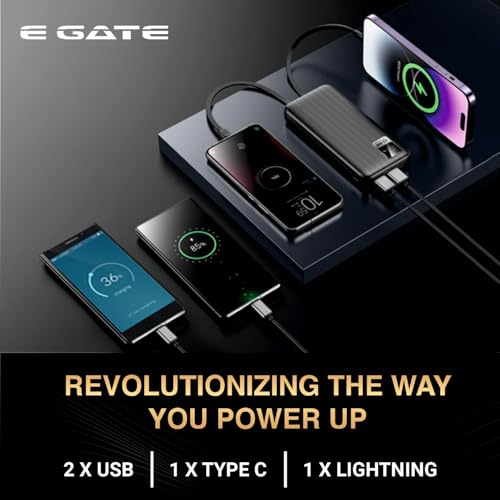 E GATE 207 B Power Bank 20000mah fast charging | Built-in Lightening & Type C Cable for iPhone, Android, TWS etc| Multi Device 22.5W Power Bank 4-in-1 Charger |USB X 2, Type C X 1 & Lightening (Black) - Image 4