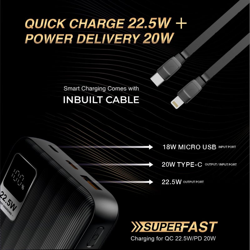 E GATE 207 B Power Bank 20000mah fast charging | Built-in Lightening & Type C Cable for iPhone, Android, TWS etc| Multi Device 22.5W Power Bank 4-in-1 Charger |USB X 2, Type C X 1 & Lightening (Black) - Image 3