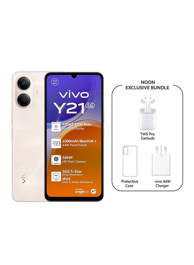Y21 5G AI ثنائي الشريحة ذهبي 4GB RAM 256GB مع TWS حصري (شاحن وحافظة داخل صندوق الهاتف) - نسخة الشرق الأوسط