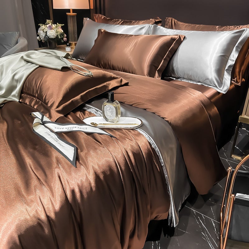 Light Luxury Bed Washed Silk Four-Piece Ice Silk Bed Sheet Quilt Cover Tencel Satin Silky Bedding - Image 1