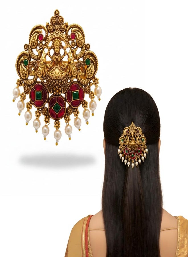 Jwella Antique Gold Temple Hair Barrette with Pearls | Ruby & Green Stones | Bridal Bun Pin Hair Accessory for Saree & Festive Hairstyles - Image 1