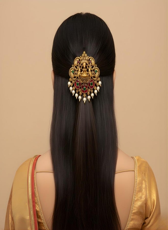 Jwella Antique Gold Temple Hair Barrette with Pearls | Ruby & Green Stones | Bridal Bun Pin Hair Accessory for Saree & Festive Hairstyles - Image 4