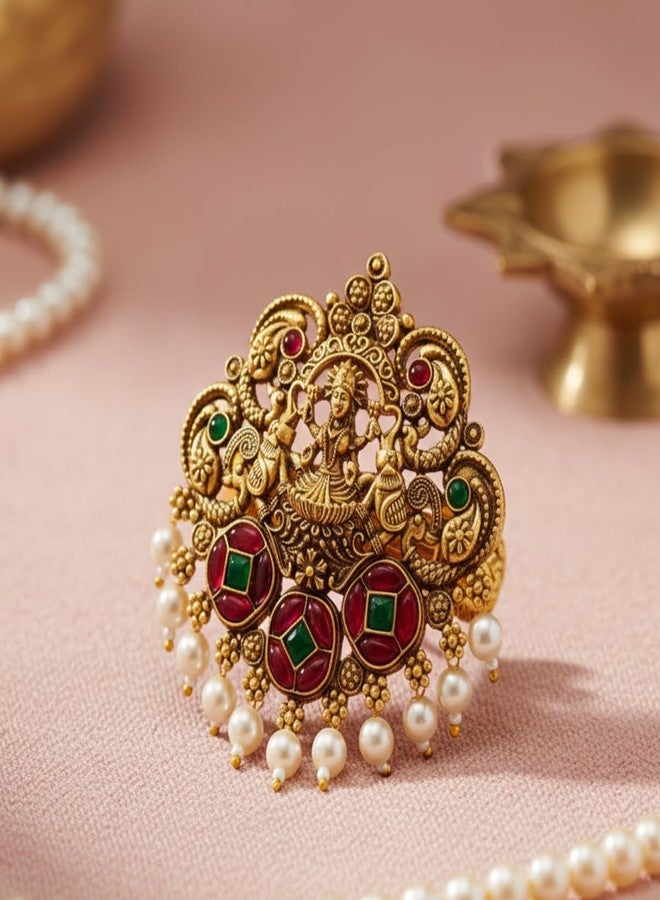 Jwella Antique Gold Temple Hair Barrette with Pearls | Ruby & Green Stones | Bridal Bun Pin Hair Accessory for Saree & Festive Hairstyles - Image 3
