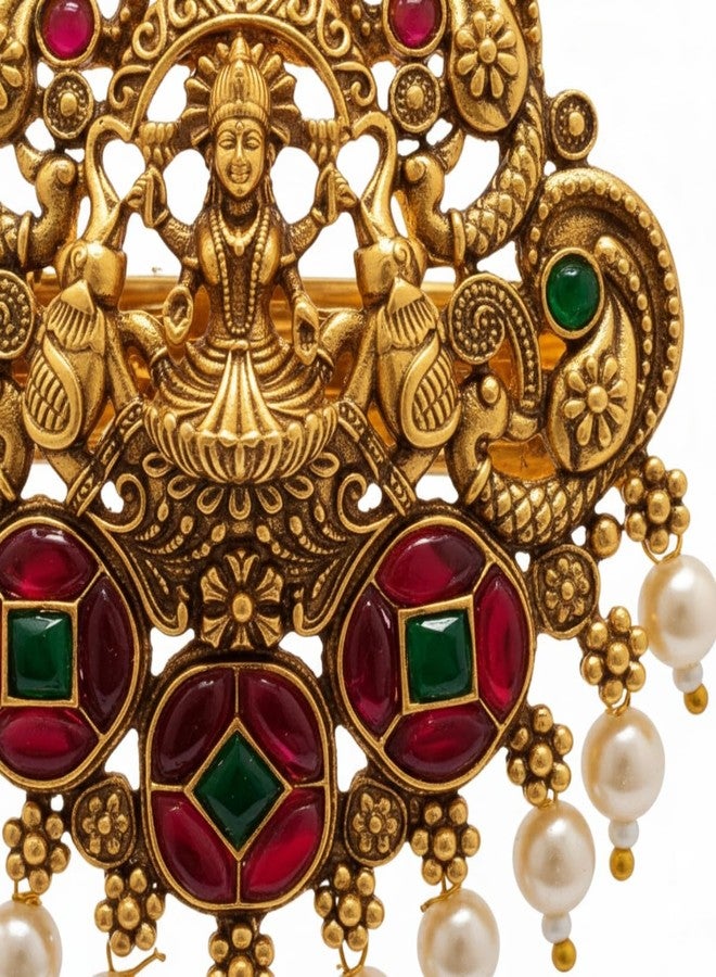 Jwella Antique Gold Temple Hair Barrette with Pearls | Ruby & Green Stones | Bridal Bun Pin Hair Accessory for Saree & Festive Hairstyles - Image 5
