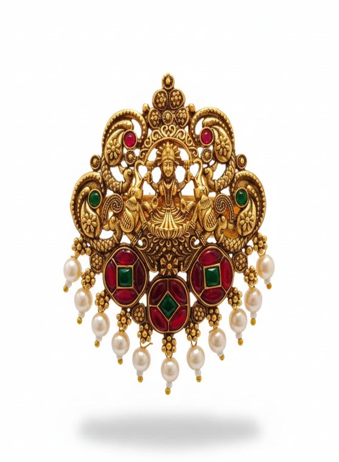 Jwella Antique Gold Temple Hair Barrette with Pearls | Ruby & Green Stones | Bridal Bun Pin Hair Accessory for Saree & Festive Hairstyles - Image 2