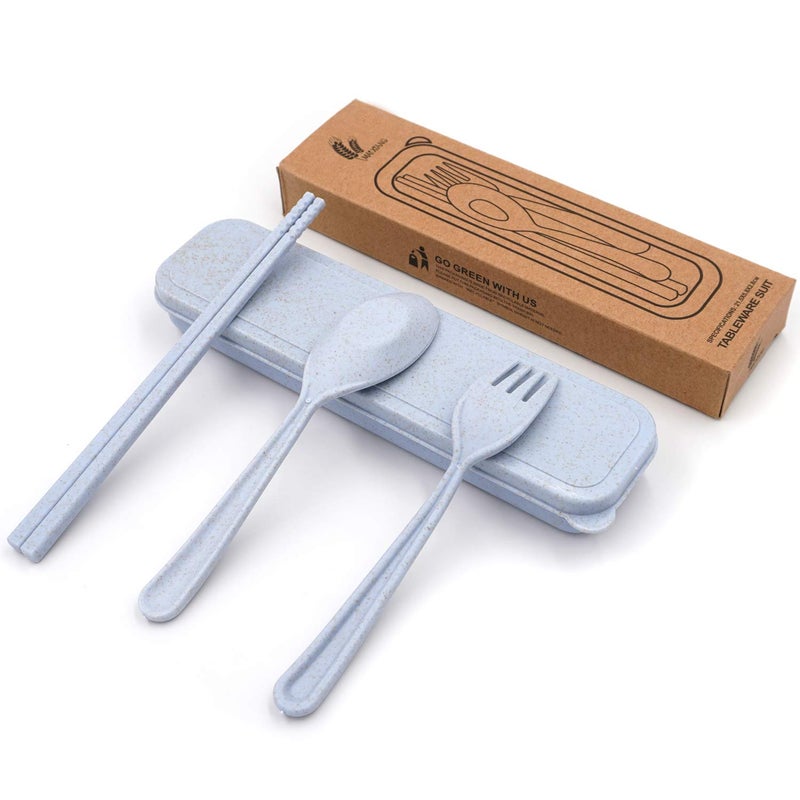 Honbay 3PCS Portable Cutlery Boreal Europe Style Wheat Straw Spoon Chopstick Fork Tableware set for Travel Picnic Camping or Just for Daily Use Blue