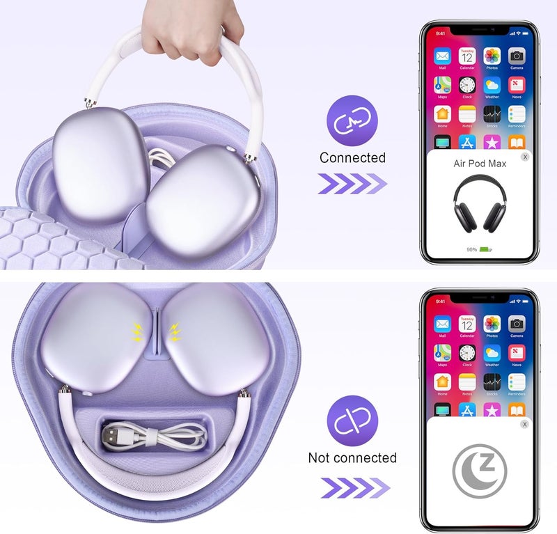 بوفك حقيبة الصلبة لحمل السماعات مع وضع السكون لسماعات Apple AirPods Max اللاسلكية فوق الأذن، حقيبة تخزين محمولة واقية لـ AirPods Max مع جيب شبكي لإكسسوارات السماعات، بنفسجي - Image 2