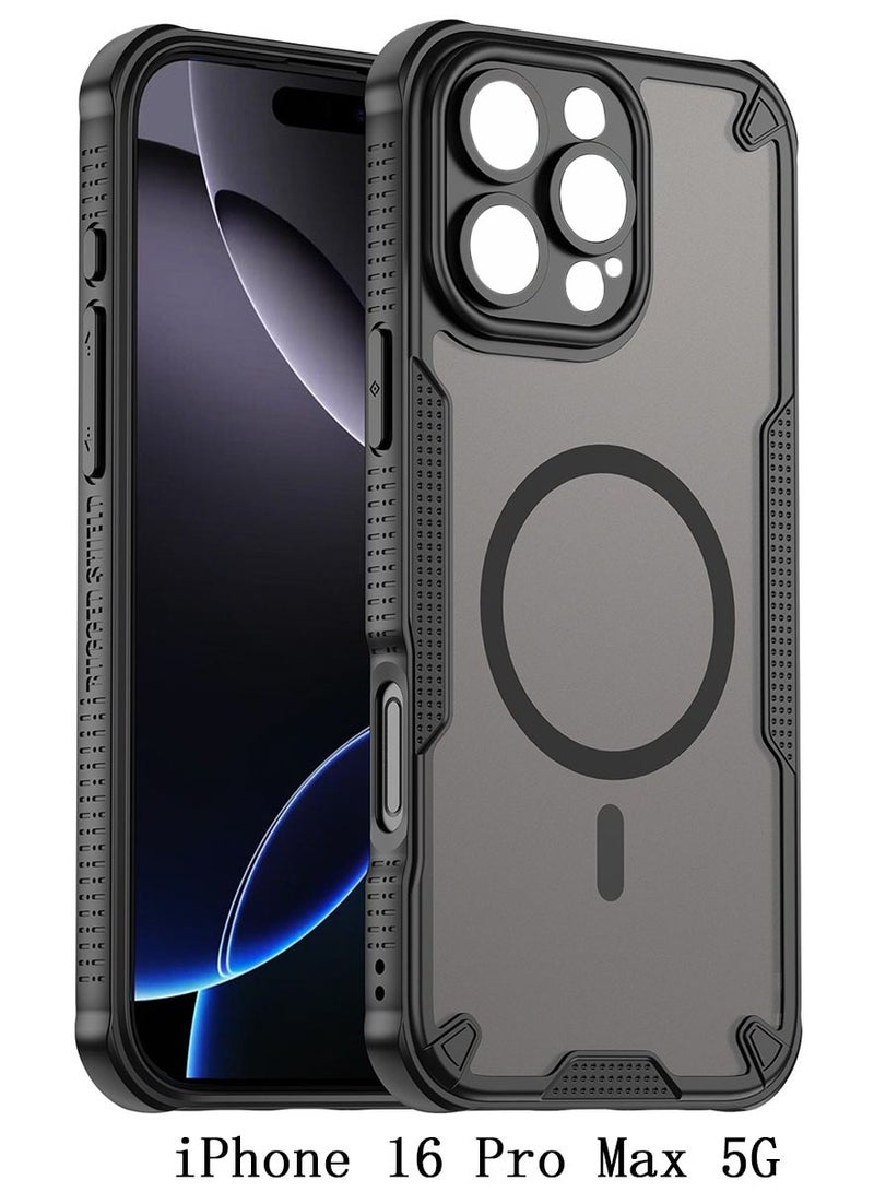 Magnetic Case Cover For iPhone 16 Pro Max 5G, Armor of Brushed Comfortable Oil Waterproof TPU+PC Soft Semi-translucentmatte Feel Cell Phone Protective Back Case for iPhone 16 Pro Max 5G, Black - Image 1