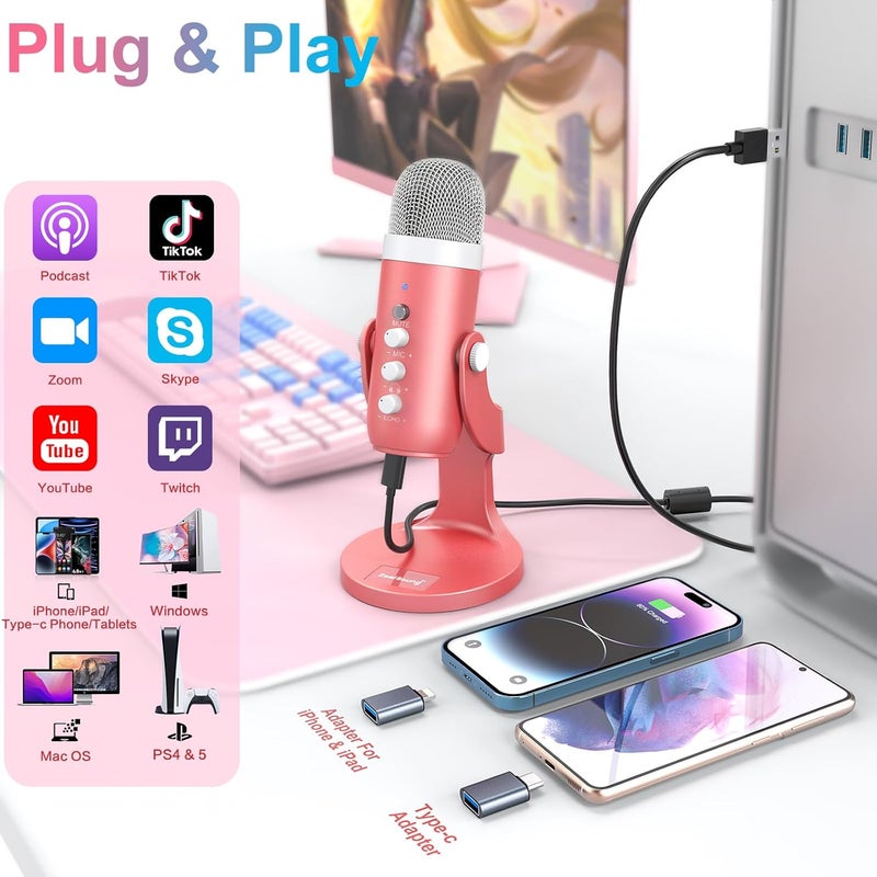 مايكروفون زيل ساوند عبر USB، مايكروفون كمبيوتر مكثف، مايكروفونات ألعاب جاهزة للاستخدام للبلاي ستيشن 4 و5. إخراج سماعات الرأس والتحكم في الصوت، تحكم في كسب المايك، زر كتم الصوت، بودكاست يوتيوب على ماك وويندوز وردي لؤلؤي - Image 2