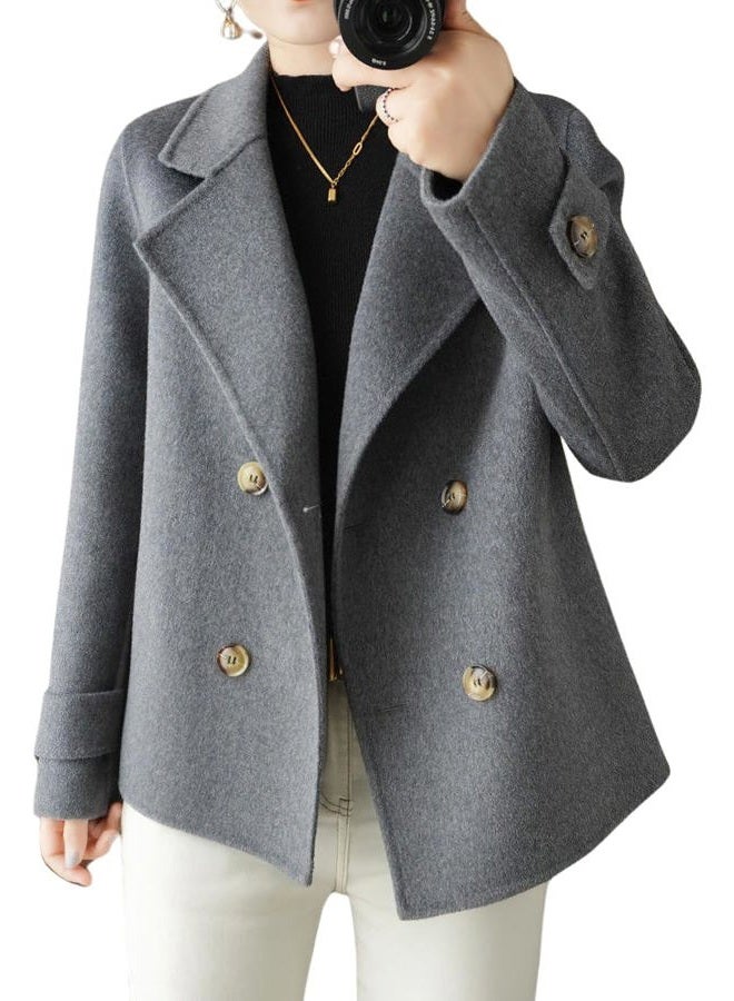 chouyatou Womens Fall Winter Casual Business Wool Blend Coat Loose Double Breasted Dressy Blazer Pea Coat, Grey, S - Image 1