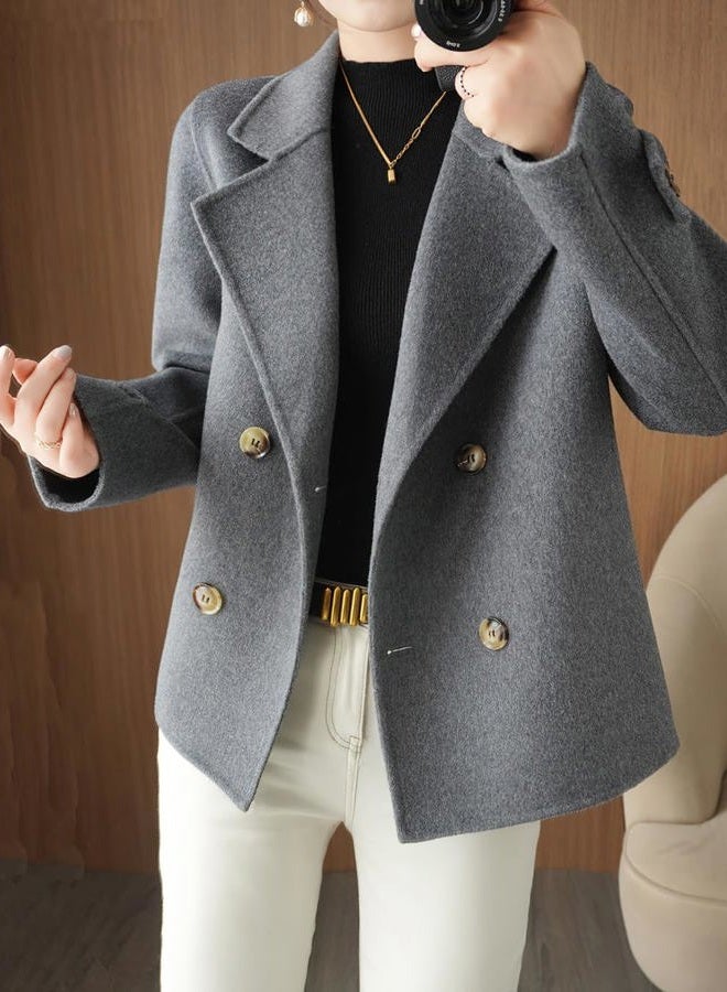 chouyatou Womens Fall Winter Casual Business Wool Blend Coat Loose Double Breasted Dressy Blazer Pea Coat, Grey, S - Image 3