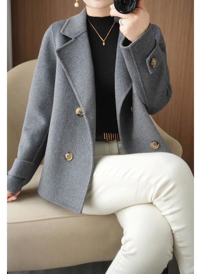 chouyatou Womens Fall Winter Casual Business Wool Blend Coat Loose Double Breasted Dressy Blazer Pea Coat, Grey, S - Image 2