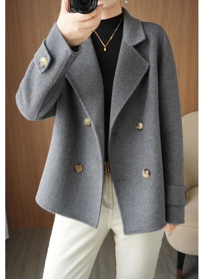 chouyatou Womens Fall Winter Casual Business Wool Blend Coat Loose Double Breasted Dressy Blazer Pea Coat, Grey, S - Image 4