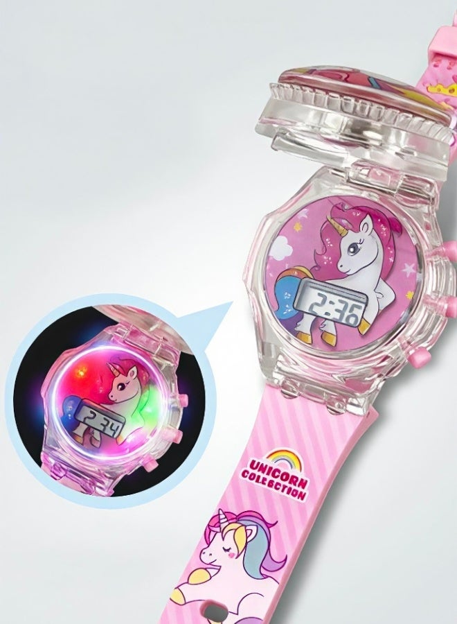 Unicorn Cartoon Children's Watch with Light Effect  Electronic Watch with Music Flip-top Cartoon Watch for Kids - Image 4