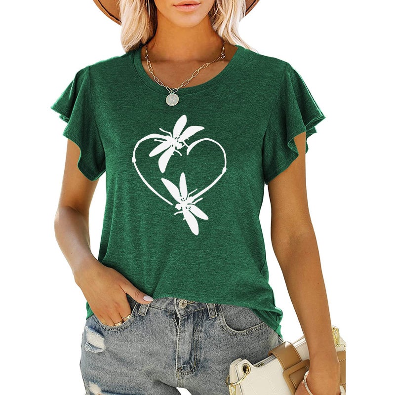 New Women'S Love Dragonfly Printed Round Neck Ruffled Short Sleeve Loose Top T-Shirt - Image 1
