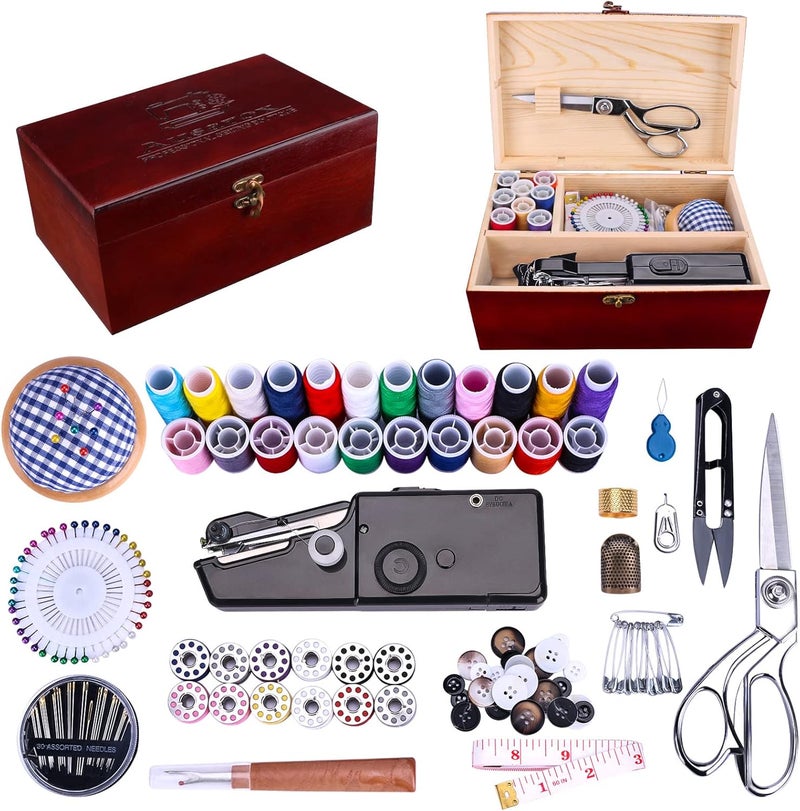 Ausarox Handheld Sewing Machine, with Elegant Wooden Sewing Box and 153-Piece Sewing Kit, Mini Portable Cordless Hand held Sewing Device, Perfect for Adults, Beginners, and Quick Home Repairs - Image 1