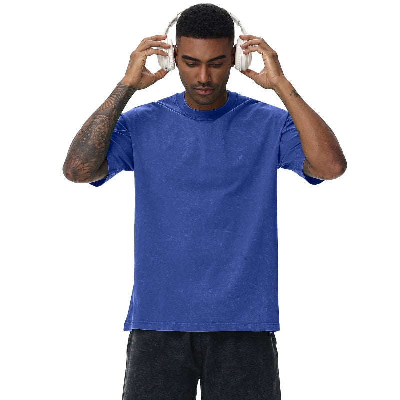 SnowElve 4 Pack Men's Oversized Cotton T-Shirts Loose Fit Vintage Tee Short Sleeve Casual Tshirts Solid Tops(BKGYBUBG,L) - Image 5