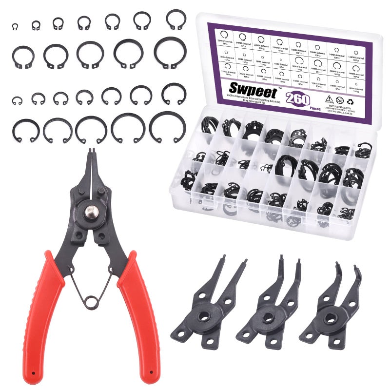 Swpeet 262Pcs 4 in 1 Snap Ring Pliers with 6 Sizes 4mm to 30mm Alloy Steel External Retaining Rings Internal Circlip Snap Retaining Clip Ring Assortment Kit for Pin Clips Internal External Repair - Image 2