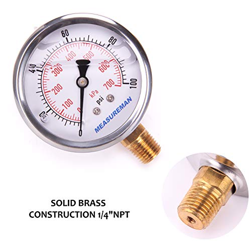 MEASUREMAN 2-1/2" Dial Size, Glycerin Filled Pressure Gauge, 0-100psi/kpa, 304 Stainless Steel Case, 1/4" NPT Lower Mount - Image 3