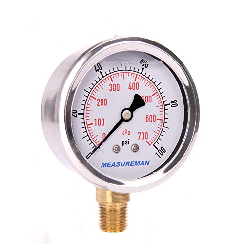 MEASUREMAN 2-1/2" Dial Size, Glycerin Filled Pressure Gauge, 0-100psi/kpa, 304 Stainless Steel Case, 1/4" NPT Lower Mount - Image 1