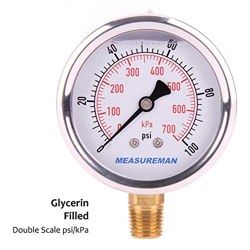 MEASUREMAN 2-1/2" Dial Size, Glycerin Filled Pressure Gauge, 0-100psi/kpa, 304 Stainless Steel Case, 1/4" NPT Lower Mount - Image 2