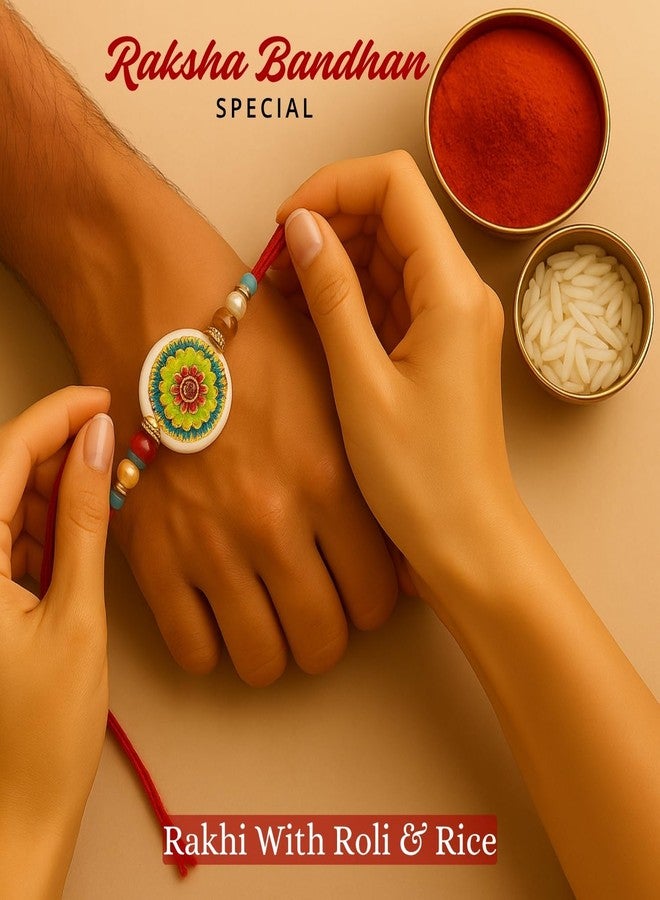 Sage Square Resin Rakhi for Bhai, Brother on Raksha Bandhan | Handmade Designer Resin Art, Thread, Beads & Emotional Bond | Rakhi Gift with Roli Chawal | Traditional Design | Festival Celebration (Type 6) - Image 3