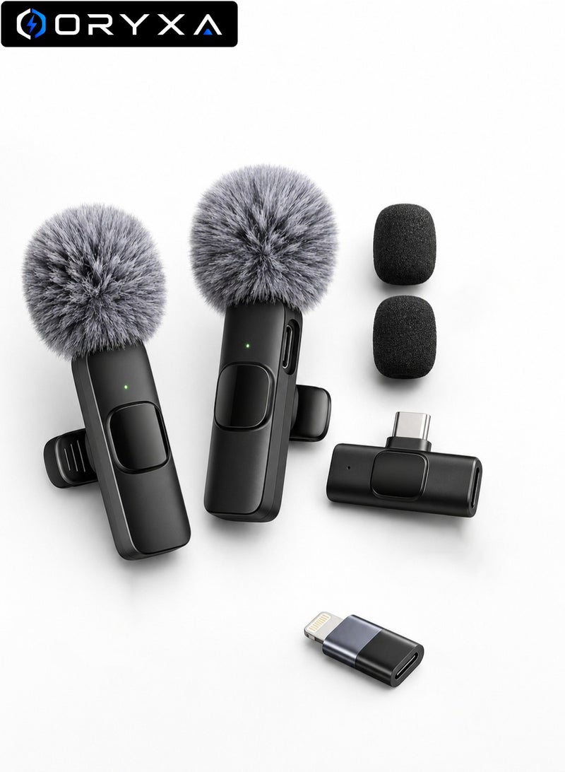 ORYXA Wireless Lavalier Microphone Dual Mic Set for iPhone & Android, USB-C & Lightning Clip-On Lapel Mic with Noise Cancellation, Plug & Play Mini Wireless Microphones for Video Recording, Interview, Vlogging, YouTube, TikTok, Live Streaming - Image 1