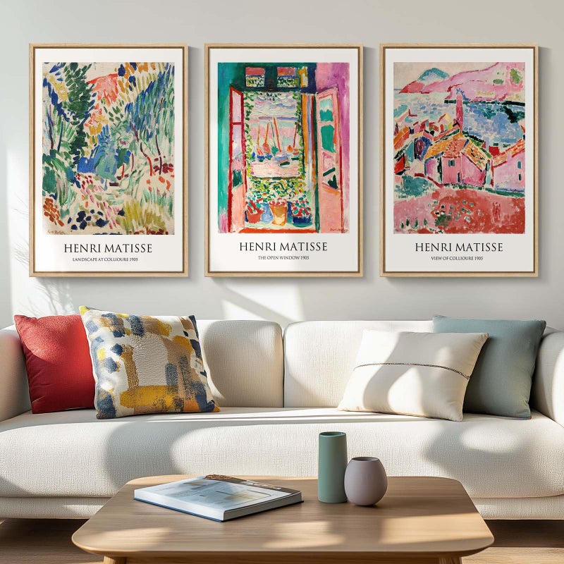 Framed Vintage Matisse Wall Art Large Set of 3 Piece Colorful Canvas Artwork for Walls Matisse Retro Landscape Paintings Prints Pictures for Living Room Bedroom Hallway Office Wall Decor 16x24