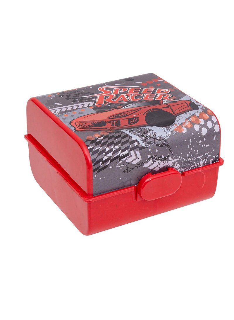 HEREVIN صندوق غداء هيرفين سبيد ريسر مطبوع باللون الأحمر للأطفال - حاوية تخزين طعام من بولي بروبيلين (PP) خالية من BPA مع غطاء قفل بالضغط - Image 1