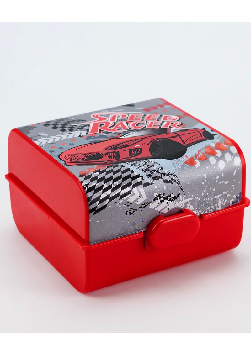 HEREVIN صندوق غداء هيرفين سبيد ريسر مطبوع باللون الأحمر للأطفال - حاوية تخزين طعام من بولي بروبيلين (PP) خالية من BPA مع غطاء قفل بالضغط - Image 4