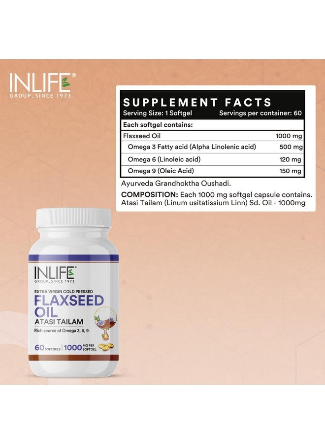 INLIFE Flaxseed Oil Capsules 1000mg | Omega 3 6 9 from Extra Virgin Cold Pressed Oil for Heart & Brain Health - 60 Softgels - Image 2