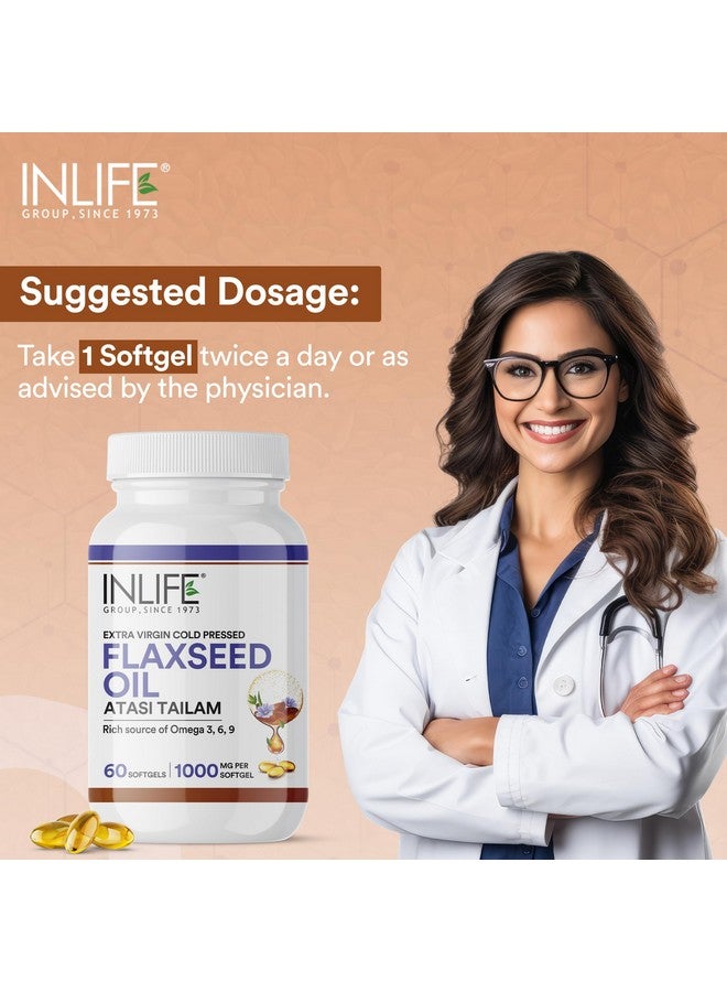 INLIFE Flaxseed Oil Capsules 1000mg | Omega 3 6 9 from Extra Virgin Cold Pressed Oil for Heart & Brain Health - 60 Softgels - Image 3
