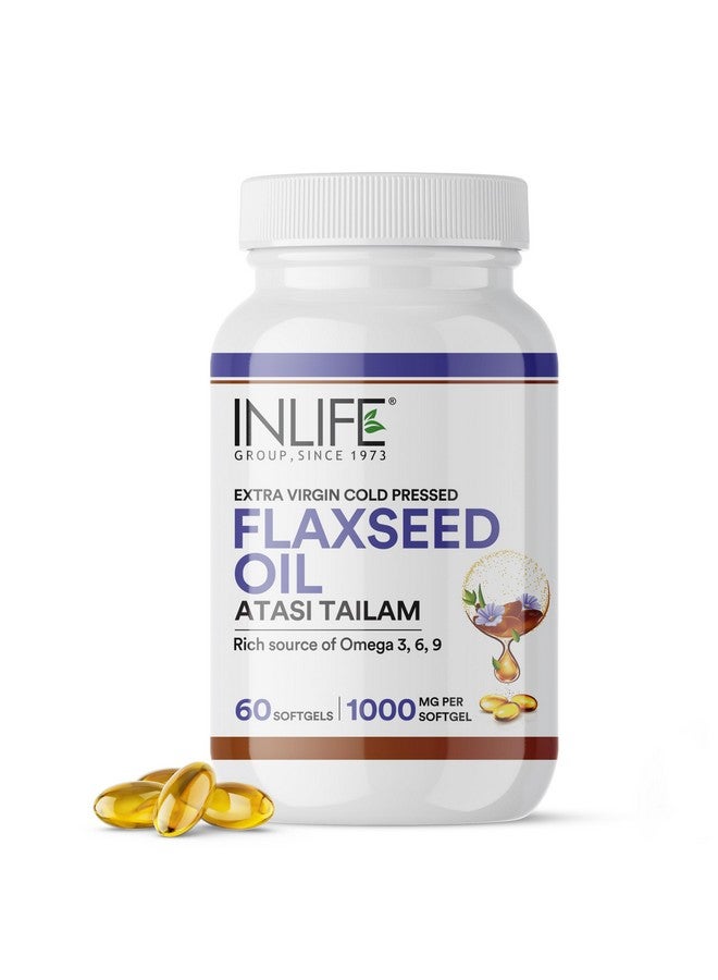 INLIFE Flaxseed Oil Capsules 1000mg | Omega 3 6 9 from Extra Virgin Cold Pressed Oil for Heart & Brain Health - 60 Softgels - Image 1