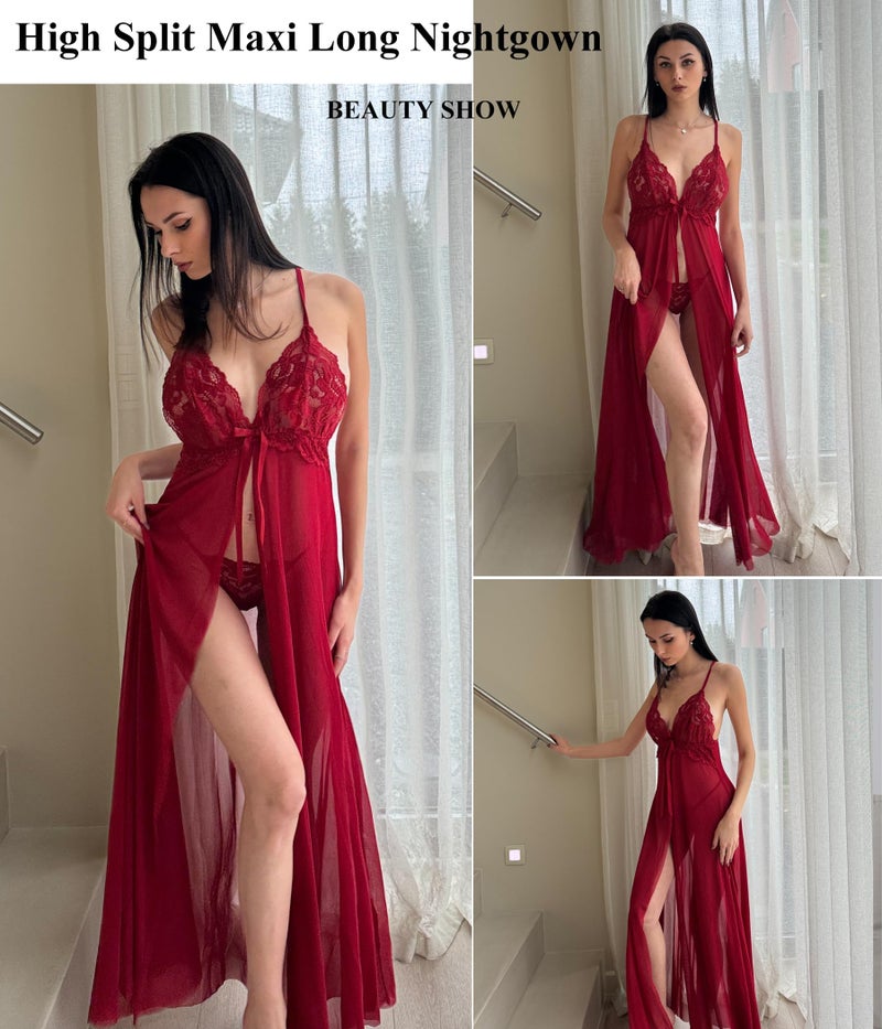 GirlFriend Women Lingerie Sexy Lace Babydoll Dress Open Front Sleepwear Long Sheer Nightgowns V Neck Nightwear for Wife, Women Wedding Valentine Special Night Occasion Festival (Maroon, Free Size) - Image 3