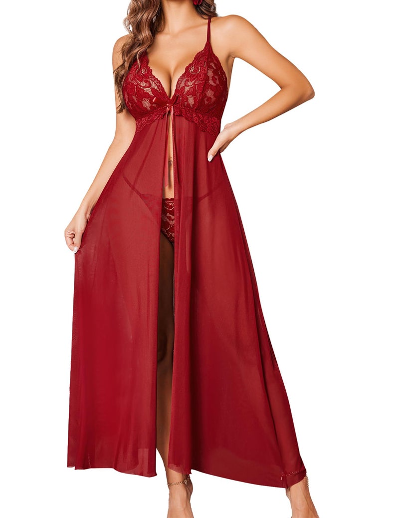 GirlFriend Women Lingerie Sexy Lace Babydoll Dress Open Front Sleepwear Long Sheer Nightgowns V Neck Nightwear for Wife, Women Wedding Valentine Special Night Occasion Festival (Maroon, Free Size) - Image 1