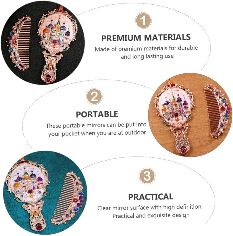 Vintage Foldable Makeup Mirror and Mini Comb Set Rose Gold Handheld Portable Vanity Mirror for Travel and Daily Use - Image 3